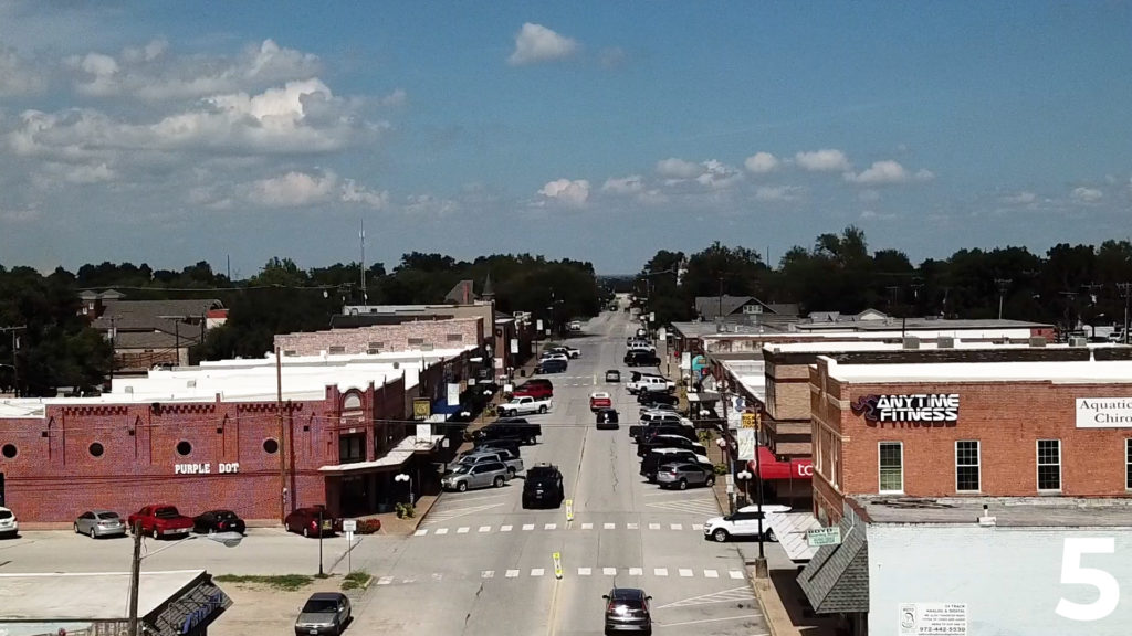 A drone shot of Downtown Wylie